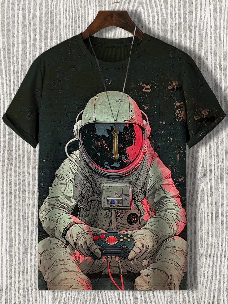 Men's Astronaut Playing Games Print Casual T-Shirt