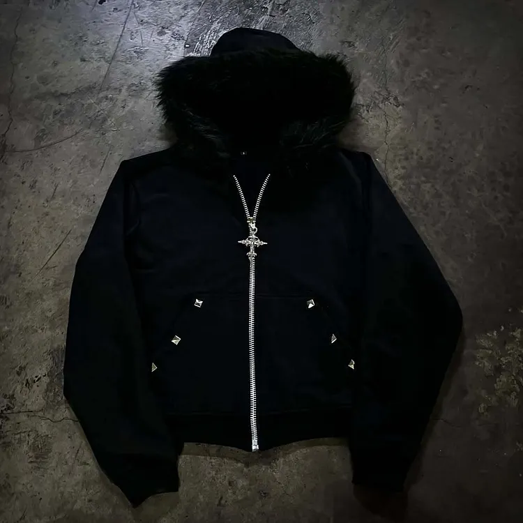 Retro Street Style Studded Fur Collar Warm Zip-up Hoodie
