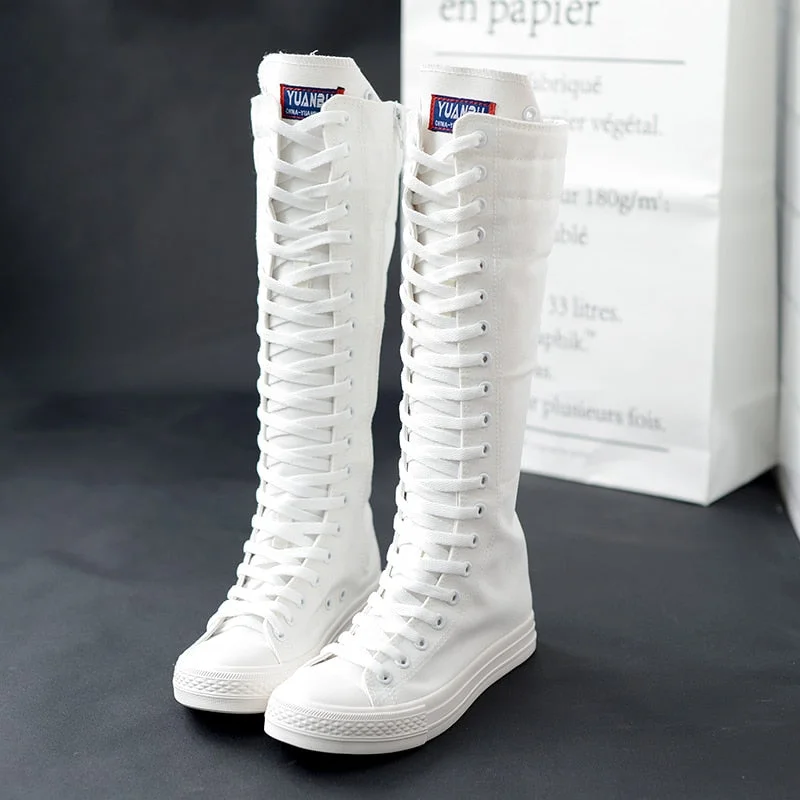 Comemore 2021 Spring Autumn Women Canvas Casual Shoes Long Knee High Boots Lace-Up Zipper Comfortable Flat Sneakers Small Size