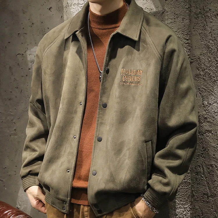 Casual Green Buckskin Lapel Baseball Jacket