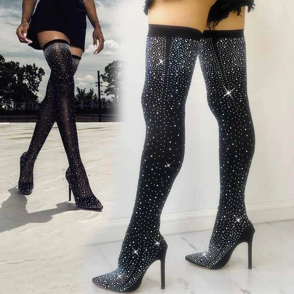 Women Boots Shiny Sequins Knee-High Thin Heel Boots Stretch Sock Boots Party High Heeld Fashion Shoes