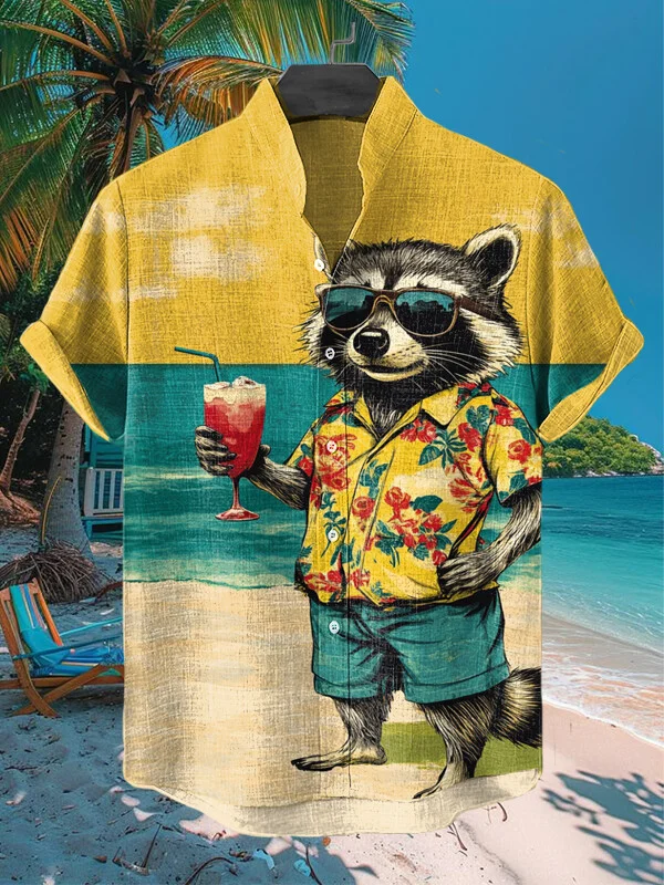 Men's Raccoon Drinking Juice At The Beach Vacation Print Casual Shirt