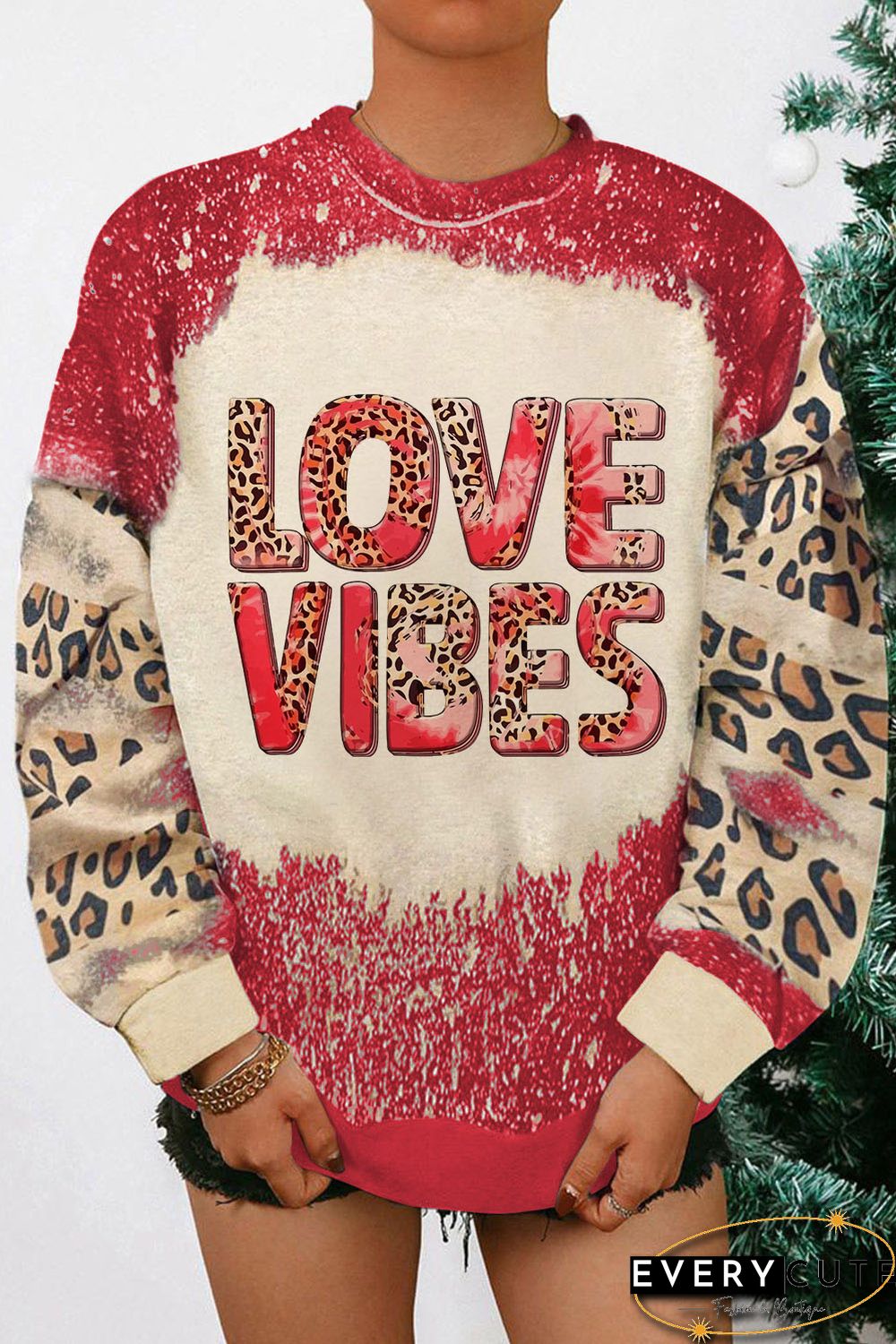 Red Leopard Bleached LOVE VIBES Valentines Sweatshirt