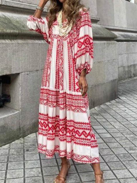 Women's Puff Sleeve V-neck Bohemia Graphic Maxi Dress