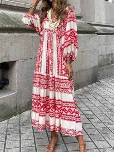 Style & Comfort for Mature Women Women's Puff Sleeve V-neck Bohemia Graphic Maxi Dress