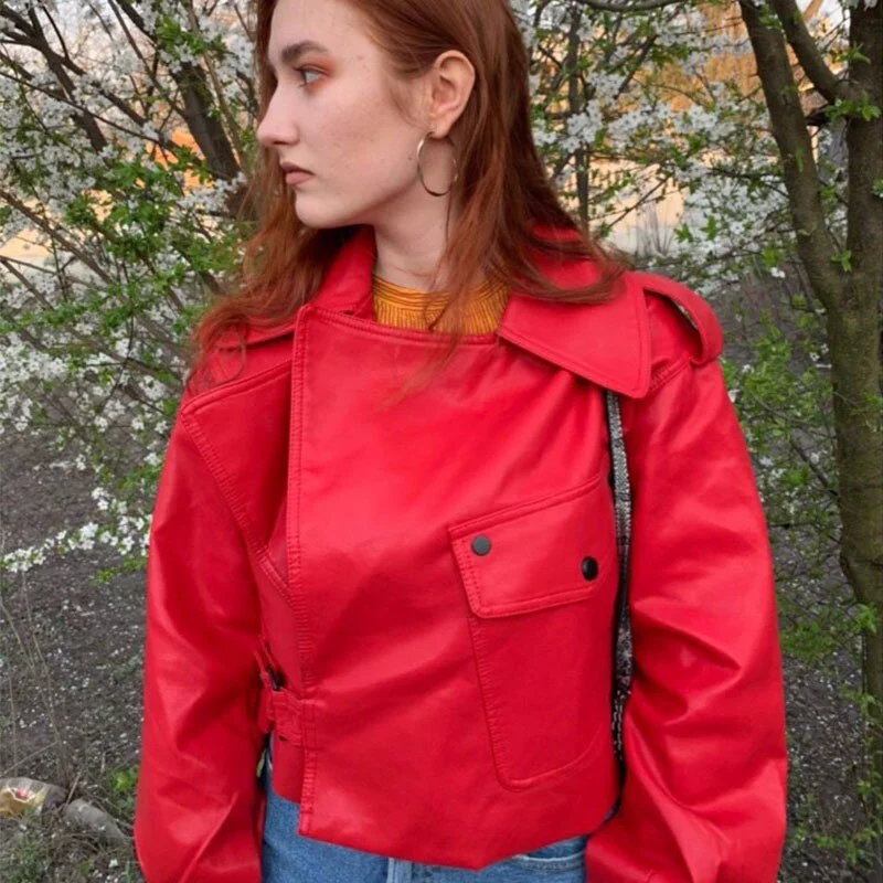 FTLZZ New Arrivals Women Faux Leather Jacket Pu Motorcycle Biker Beige Leather Coat Fashion Turndown Collar Loose Streetwear