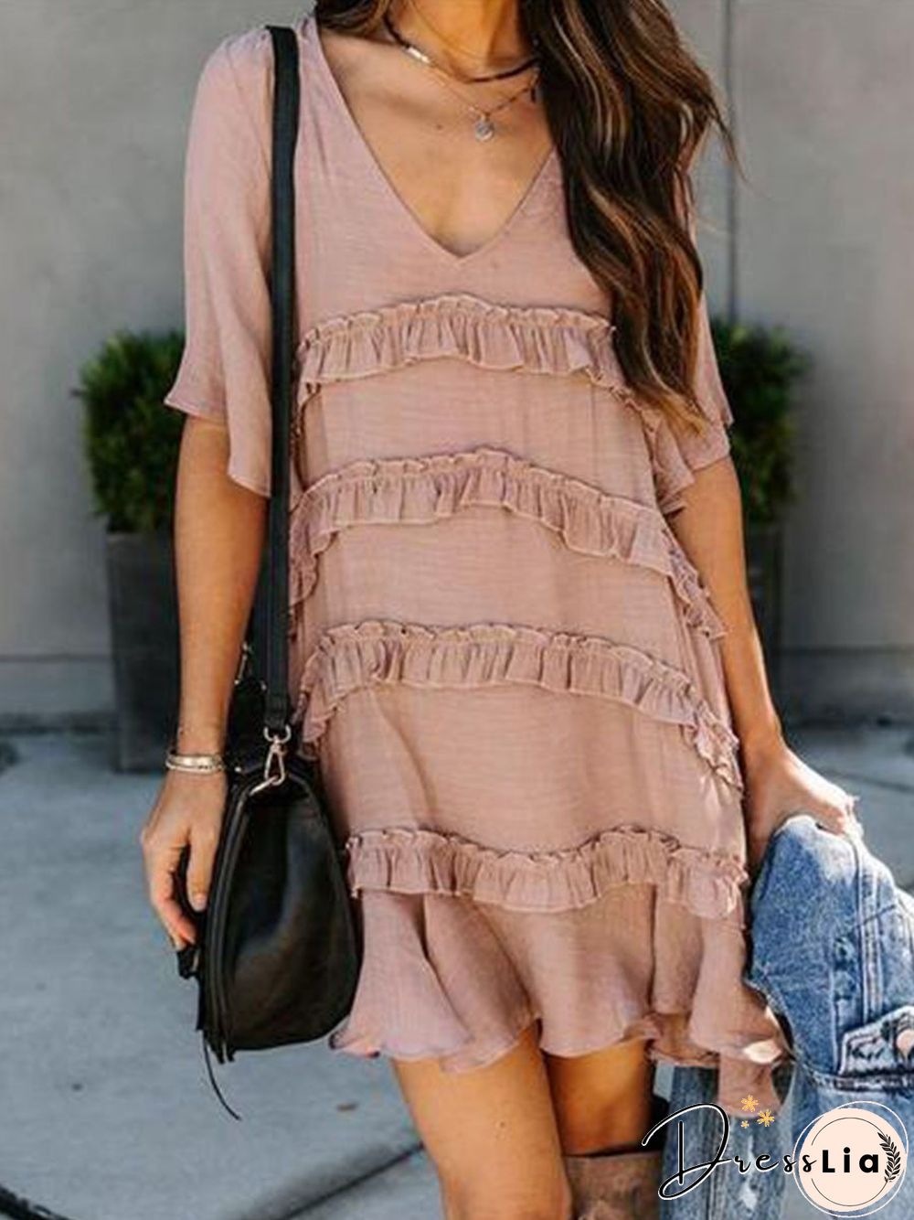 V-neck Half-sleeve Ruffle Mini Dress P16239