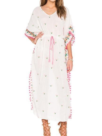 Bohemian embroidered ball pompoms drawstring tassel kimono-style dress