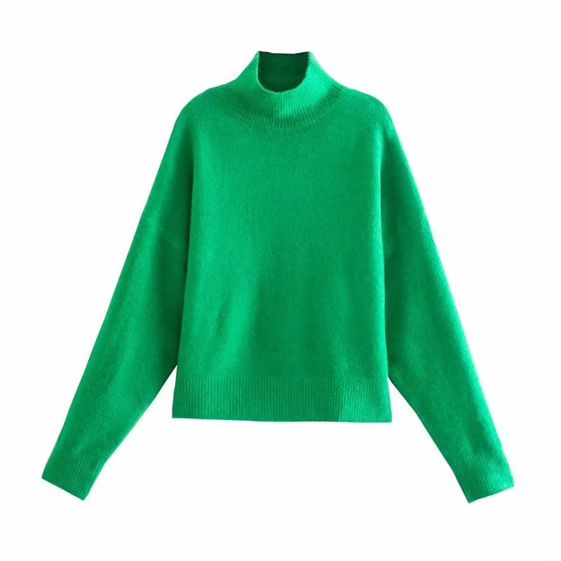 Za 2021 Green High Neck Knit Sweater Women Fashion Long Sleeve Autumn Sweaters Loose Knitted Tops Streetwear Vintage Pullover