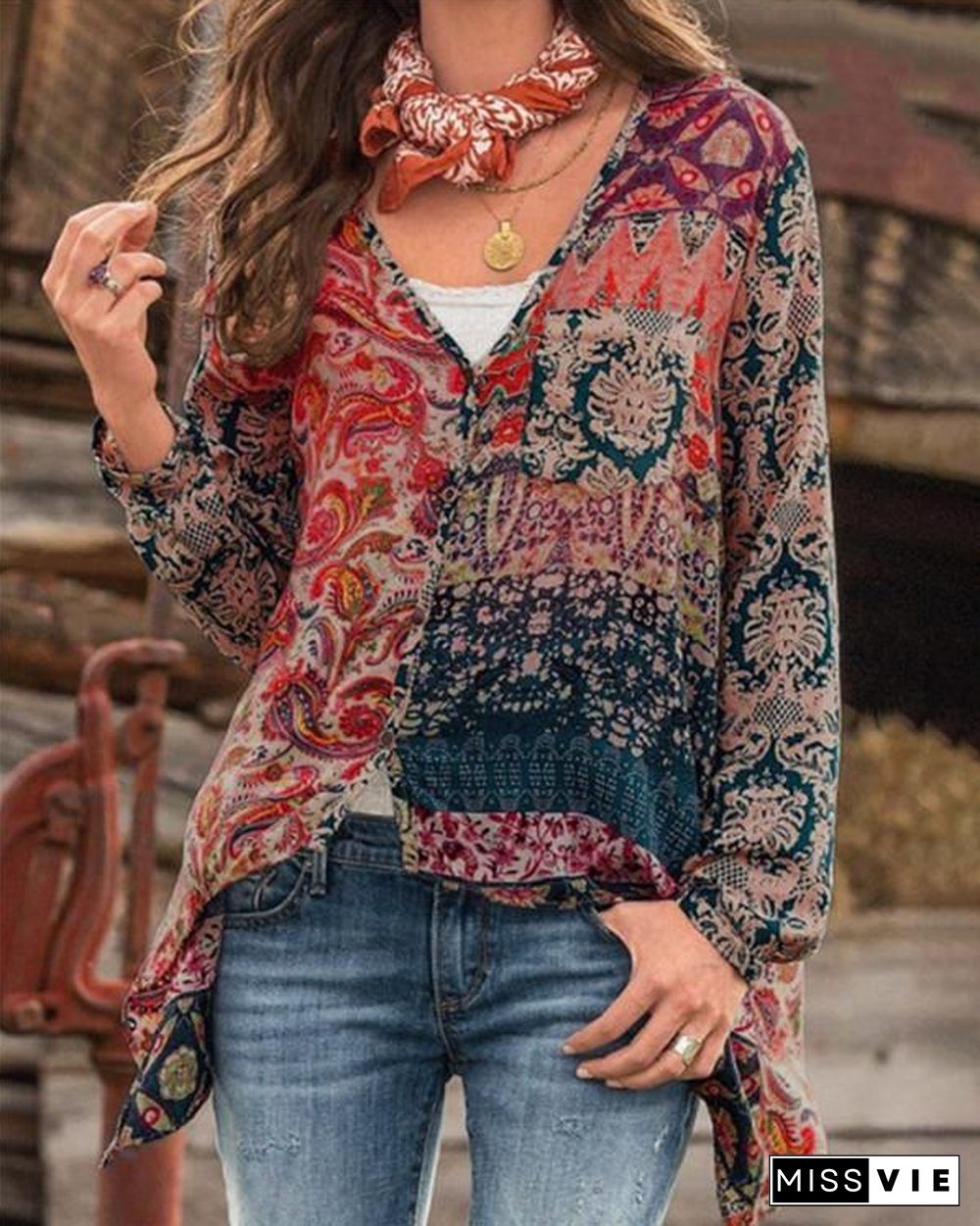 V Neck Fall Floral Designer Casual Shirts & Tops