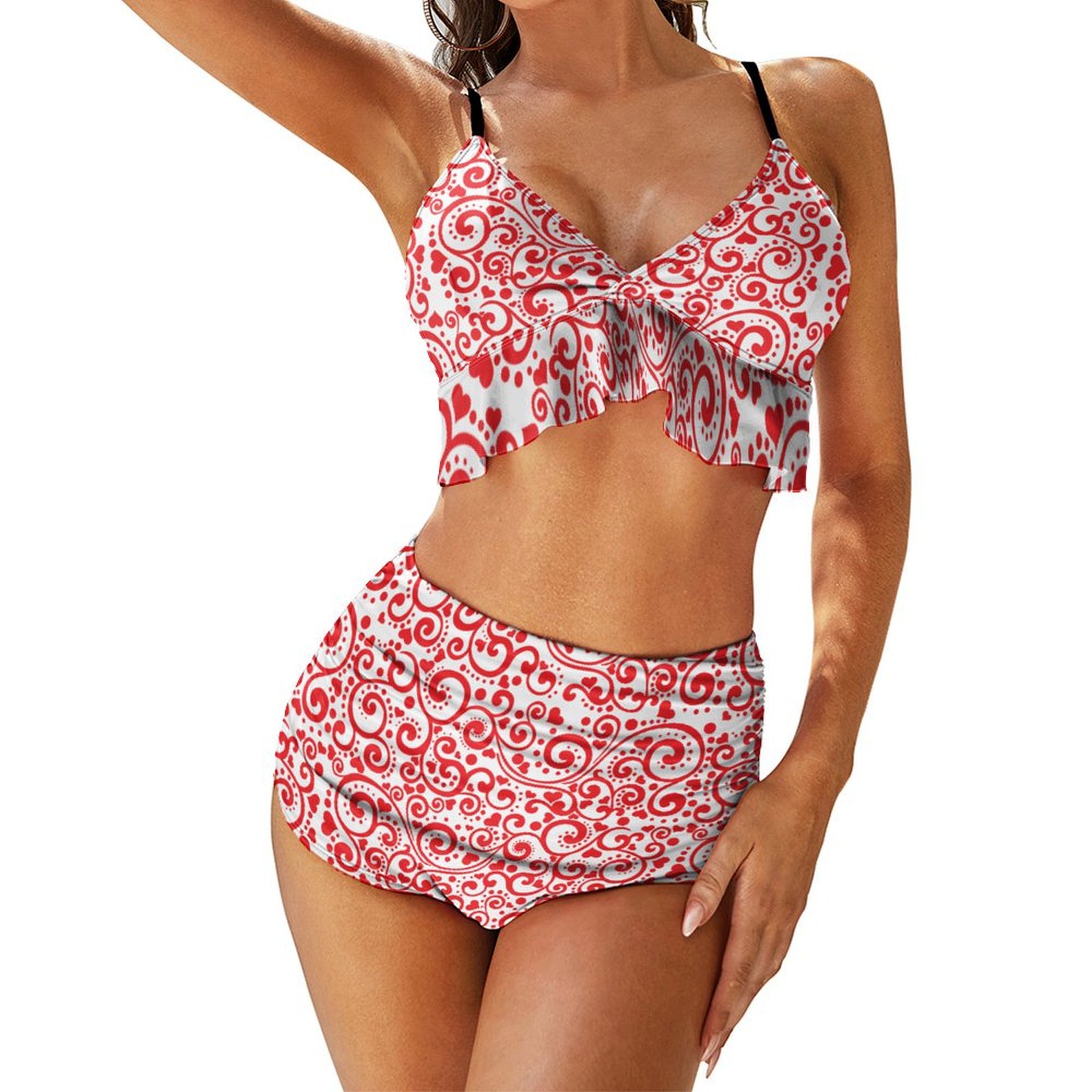 Women's Swirling Floral High Waisted Pleated Ruffle Bikini Sets