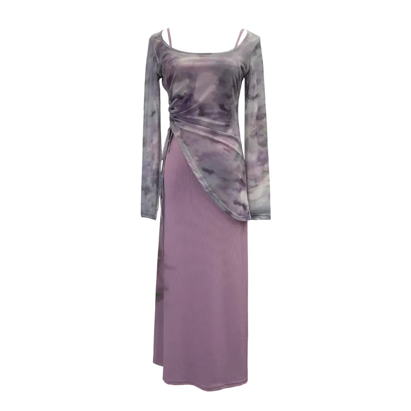 Churchf Dizzling U-Neck Rope Long-Sleeved Mesh Yarn Coat + Sling On The Back Of The Long Dress Two Sets 8859