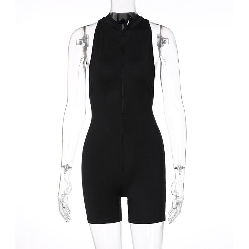 Dulzura Solid Women Sleeveless Playsuit Zipper Hollow Out Backless Bodycon Sexy Skinny Casual Streetwear 2021 Summer Combishort