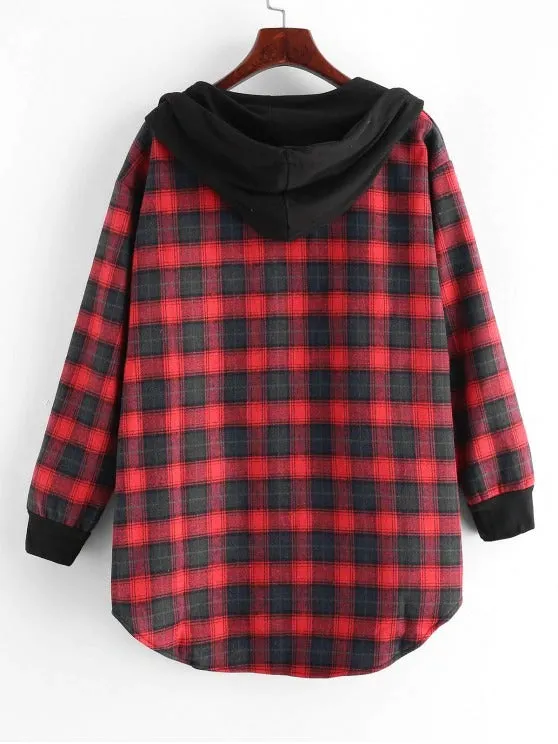 Plaid Button Up Pocket Hooded Coat