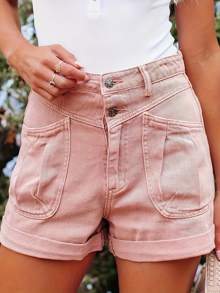 Womens Relaxed Fit Casual High Waist Pocketed Denim Short