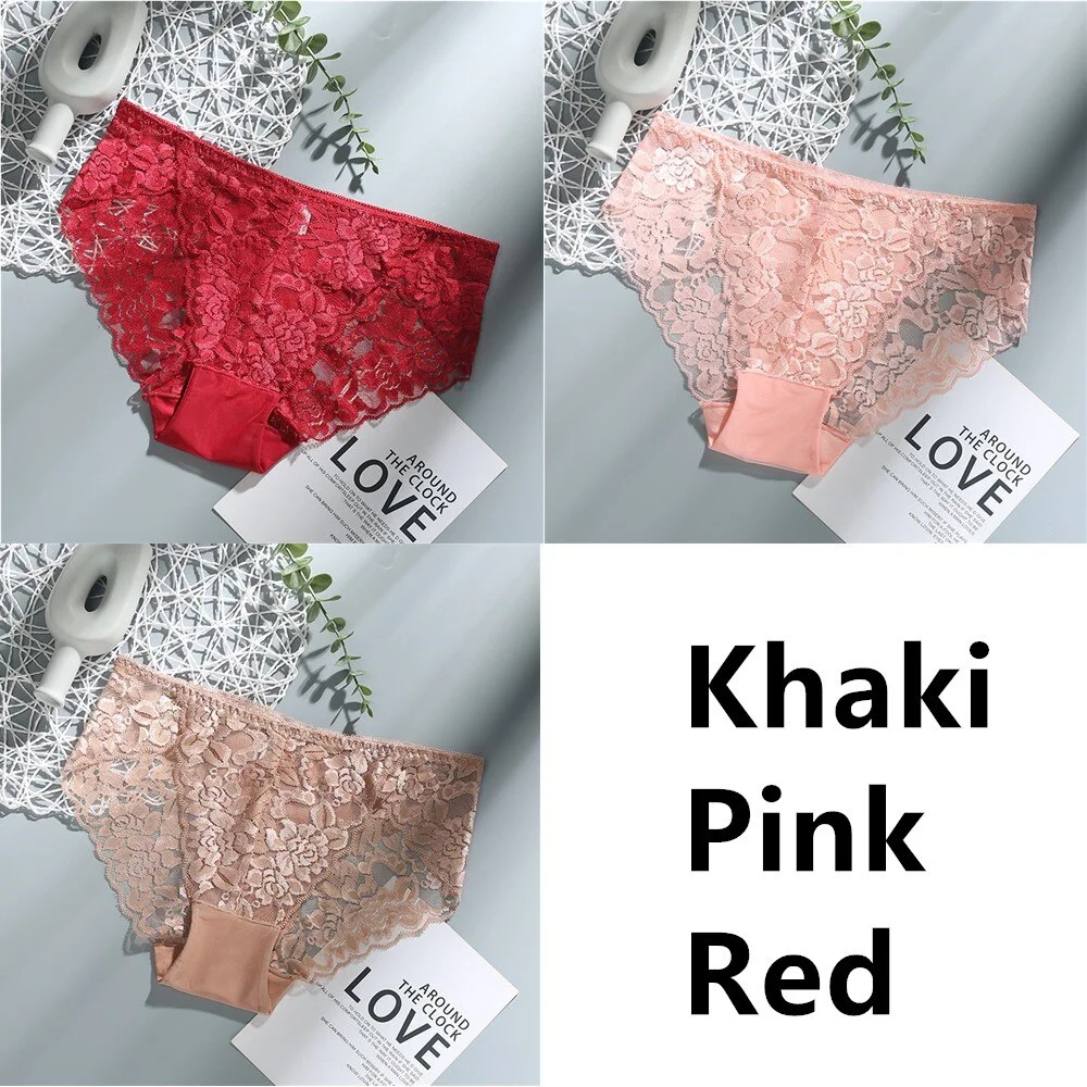 3Pcs Sexy Low Waist Women's Underwear Lace Plus Size Seamless Panties Breathable Lingerie Female Briefs Solid Hollow Underpants
