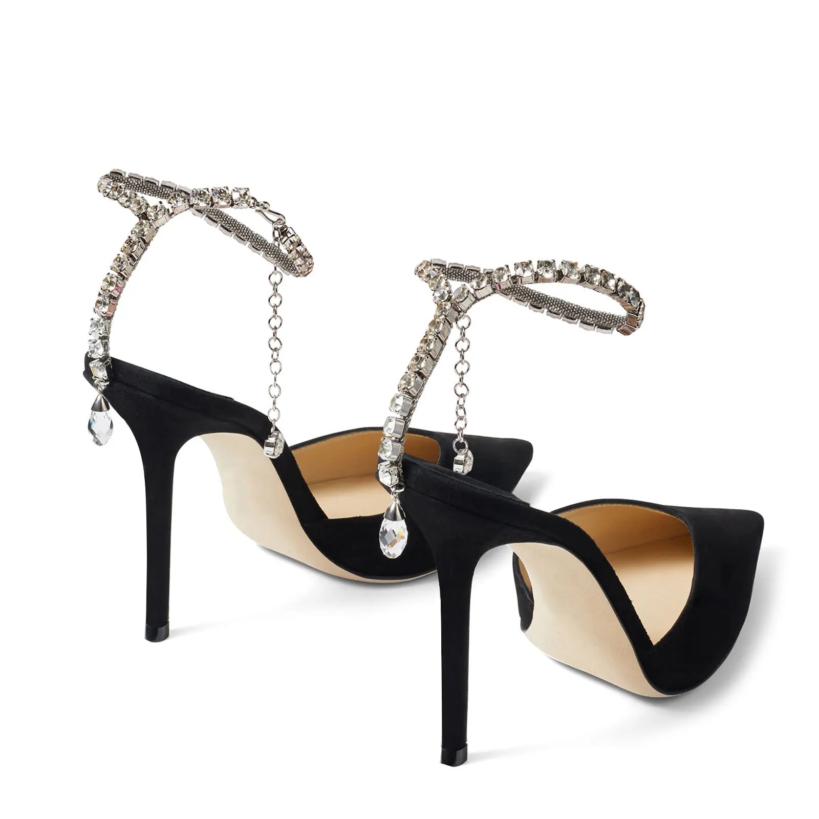 100mm Women's Sandals Crystal Chain Rhinestone Embellished Strap Suede Pumps Pointy Stilettos Backless Shoes-vocosishoes