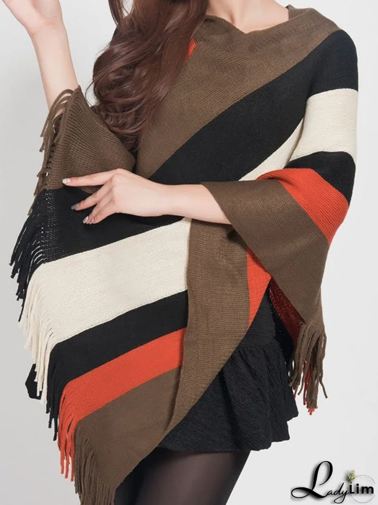Knitted Striped Tassel Poncho