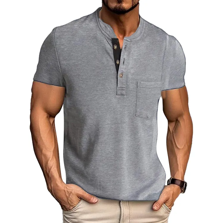 Men's Casual Solid Color Henley Collar Chest Pocket Short Sleeve T-Shirt 48049058Y