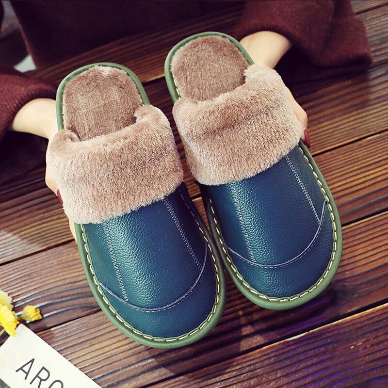 Female Slippers Genuine Leather Women's Slippers for Home Soft Velvet Plush Slippers Indoor Comfy Waterproof  Shoes Woman