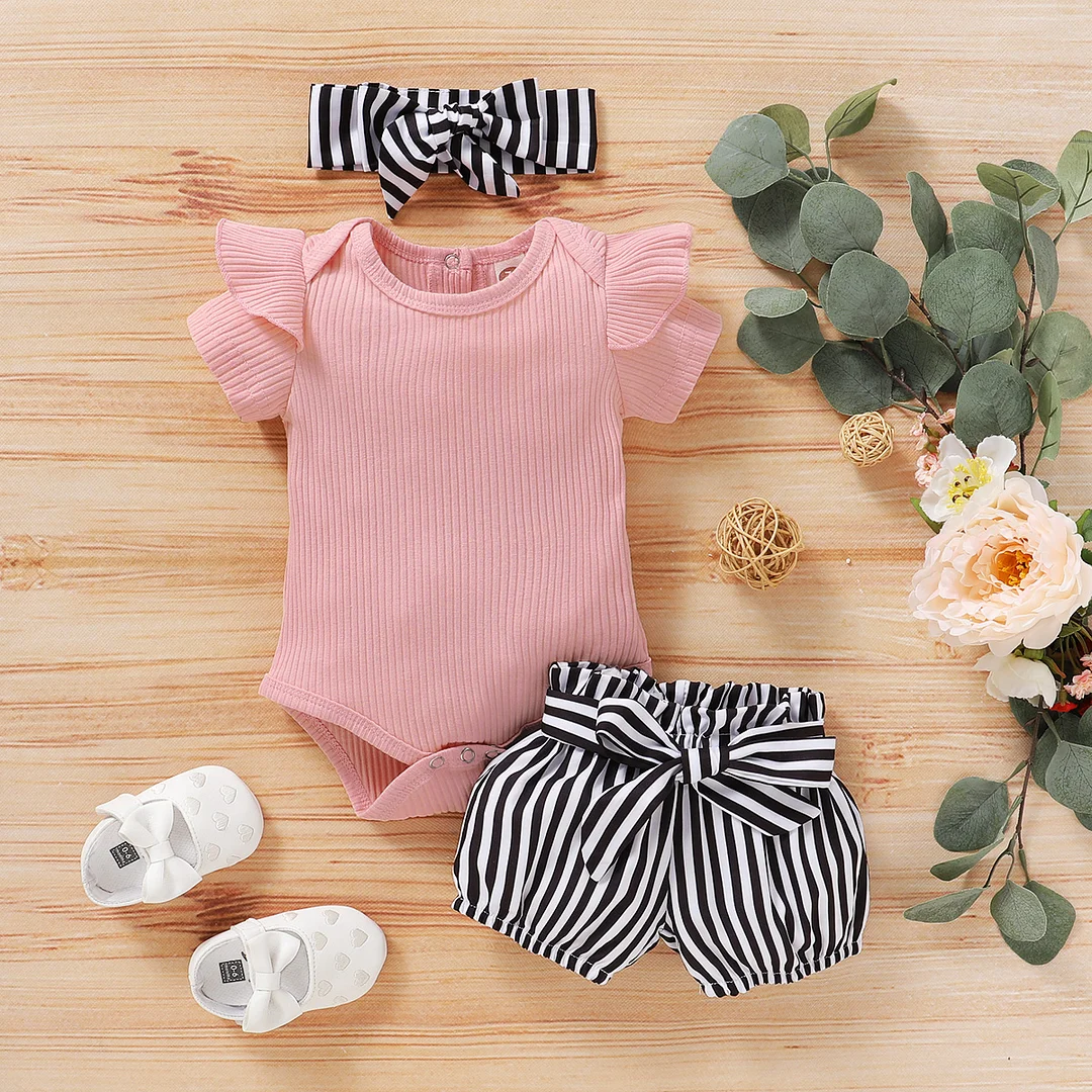 Toddler Infant Baby Girls Stripe Outfits Children Girl Romper Bowknot Shorts Headbands Set Summer Kids Set Baby Kleding Meisje