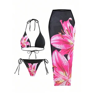 Beach flower three-piece swimsuit(M)