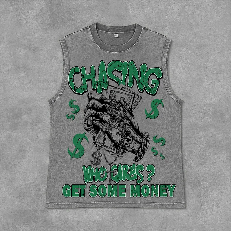 Vintage Street Chasing Money Graphic Print Acid Washed Sleeveless Tank Top SOPULA