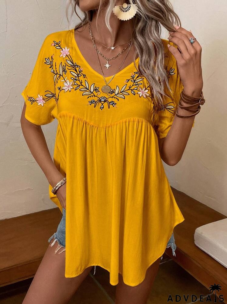 Floral Embroidery Smock Blouse
