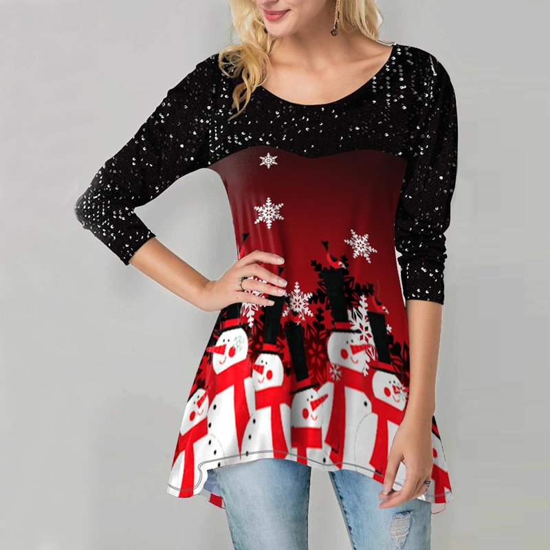 Christmas Snowman Printed Casual Long-Sleeved T-shirt