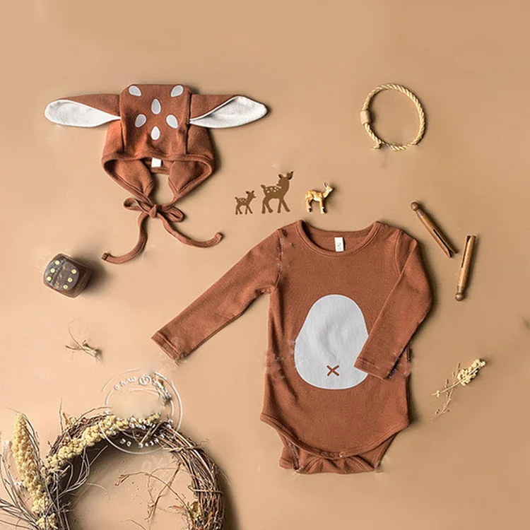 2pcs Baby Boy/Girl Long Sleeve T-shirt Bodysuit with Deer Hat Set