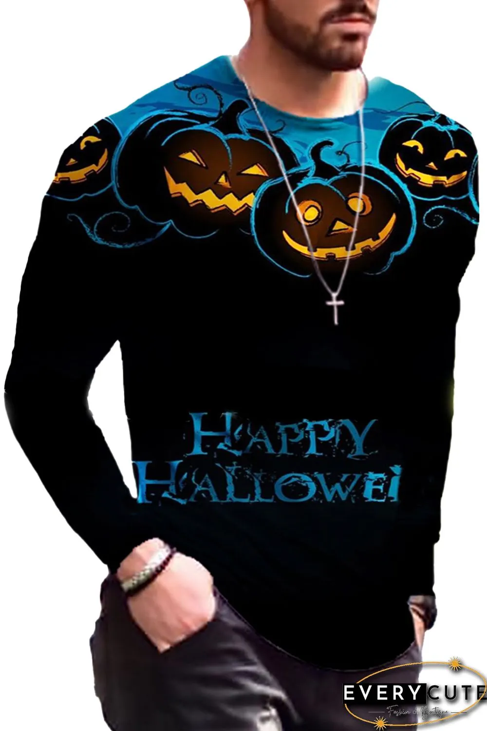 Men's 3D Halloween Pumpkin Print Knit Long Sleeve T-Shirt