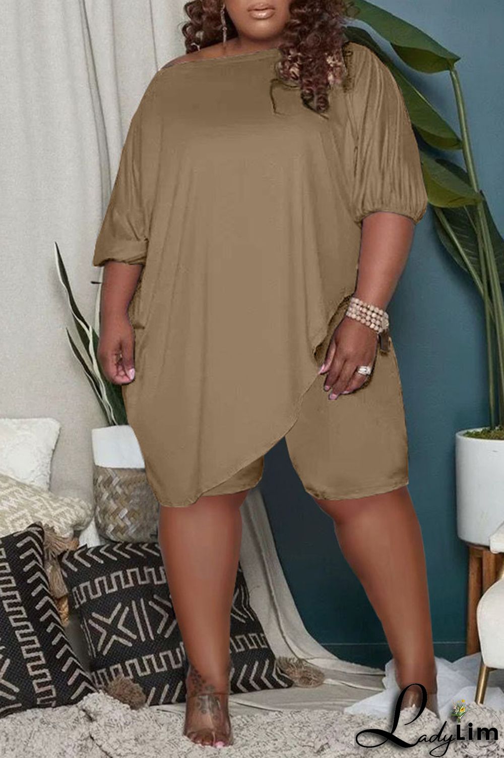 Burgundy Casual Solid Split Joint Asymmetrical Oblique Collar Plus Size Two Pieces