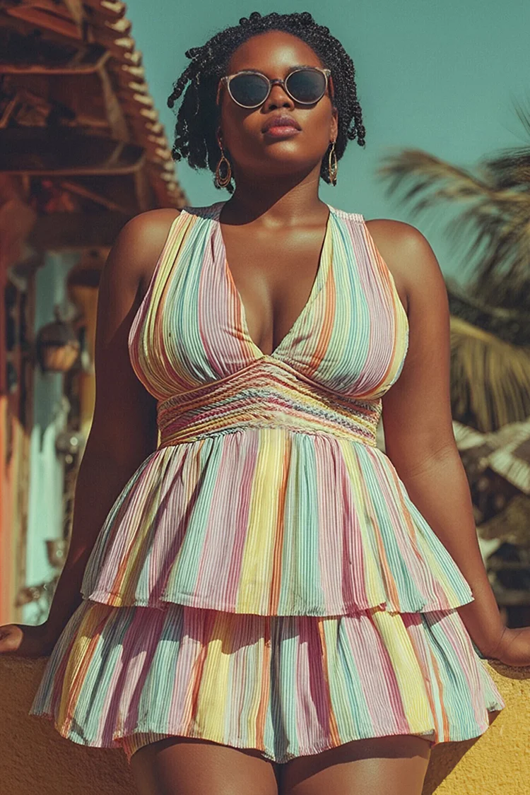 Xpluswear Design Plus Size Beach Multicolor Striped V Neck Ruffle Smocking Swimsuit Fabric Swimwear Dress [Pre-Order] 2024 - Xpluswear