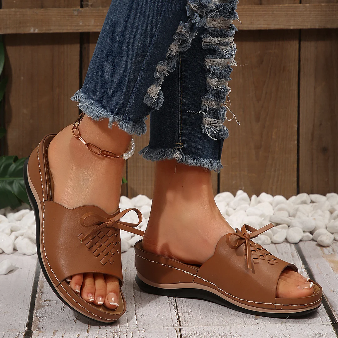 Yyvonne New Summer Slope And Fish Mouth Slippers Women's Shoes Casual Large Size Coarse And Slippers Bow Solid Color