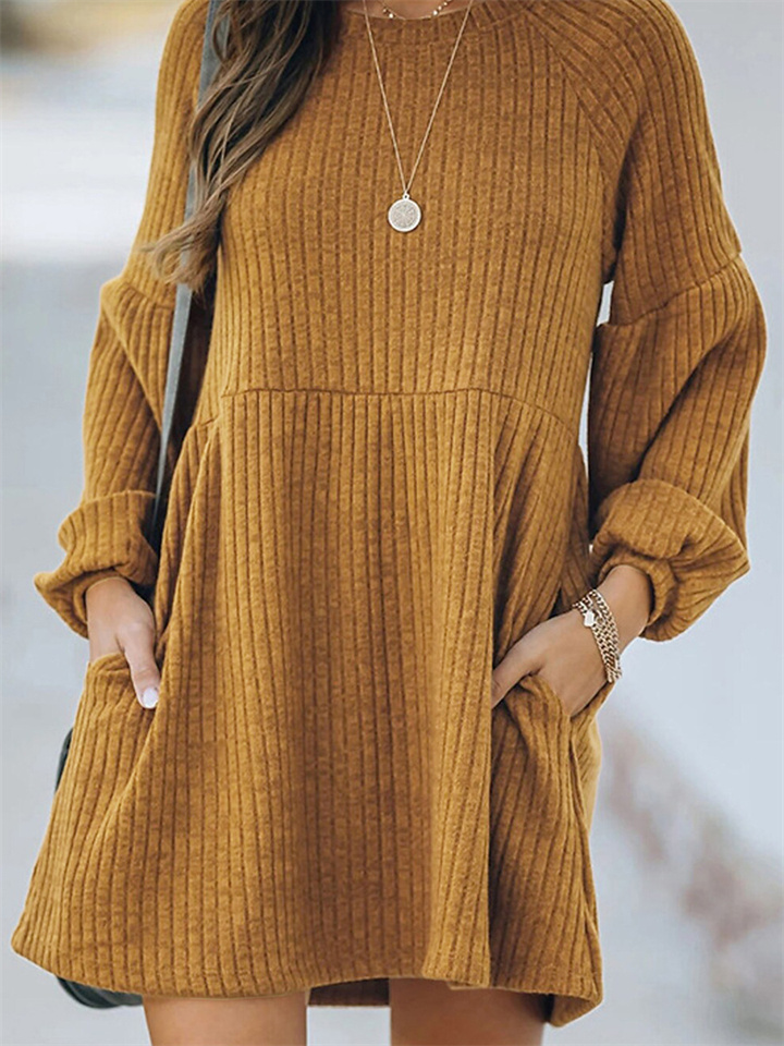 Solid Color Round Neck Knit Long Sleeve Dress-JRSEE