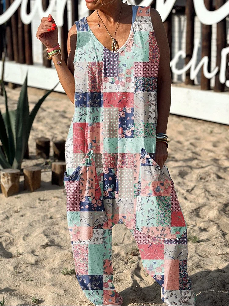 Floral Pattern Hippie Art Print Casual 100% Cotton Wide Leg Jumpsuit