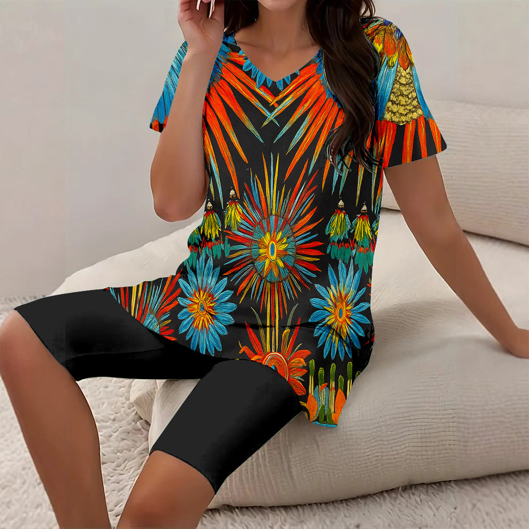 Women Long Sleeve V-neck Graphic Floral Printed Top