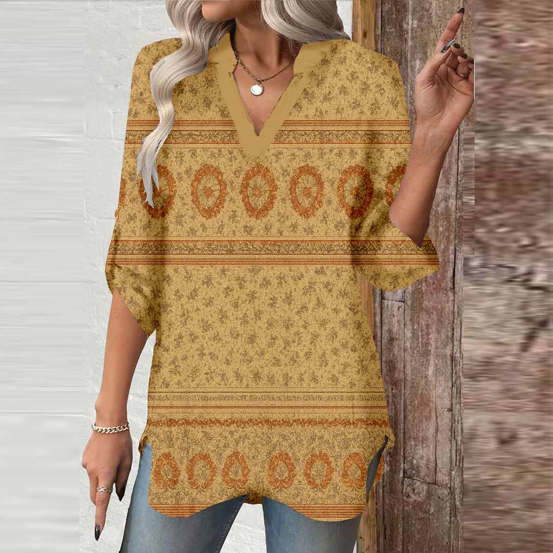 Women Retro, Khaki DZGA0335 3/4 Sleeve V-neck Printed Graphic Button Tops