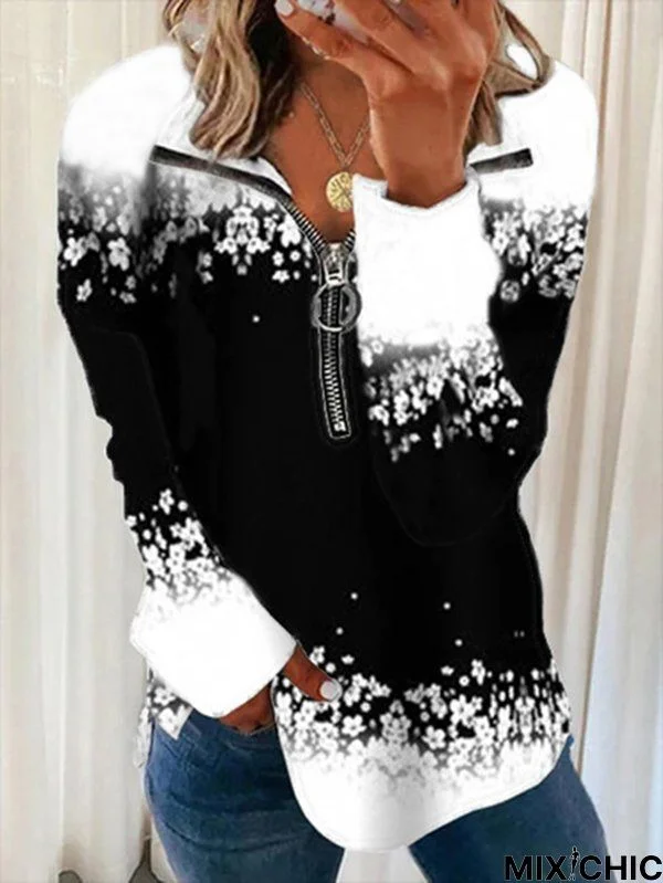 Casual Zipper Printed Tunic Sweatshirt