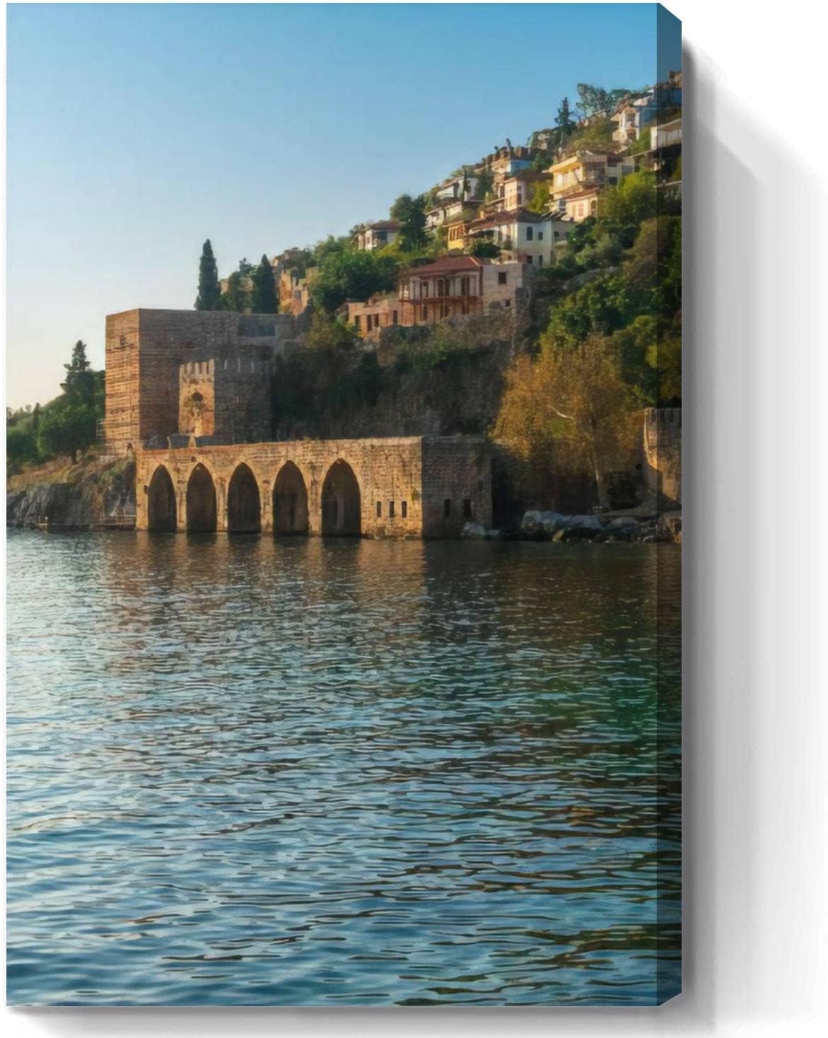 Shore of mediterranean sea and historical Alanya shipyard in Turkey Wall Art Vertical Poster Picture Decor Canvas Framed Painting Large Size Artwork for Living Room Home Hanging 24 inch x36 inch  Color5