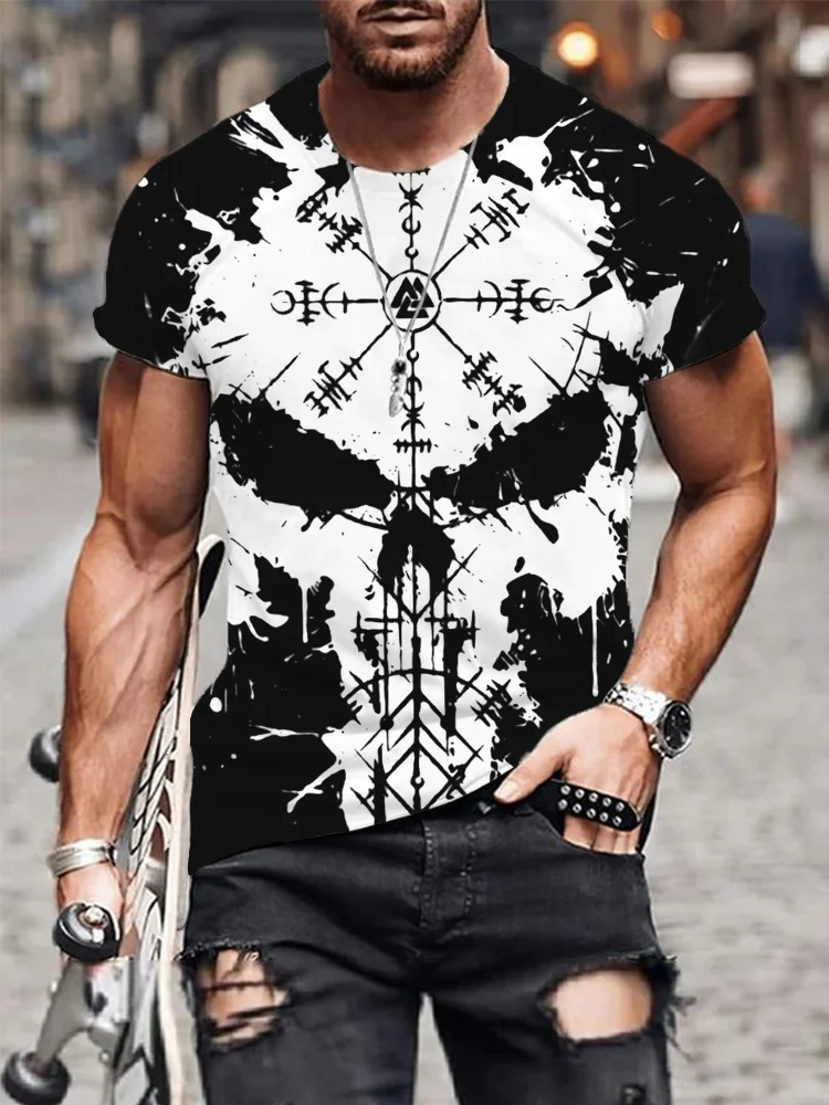 BrosWear Men's Viking Vegvisir & Skull Graphic Round Neck T Shirt