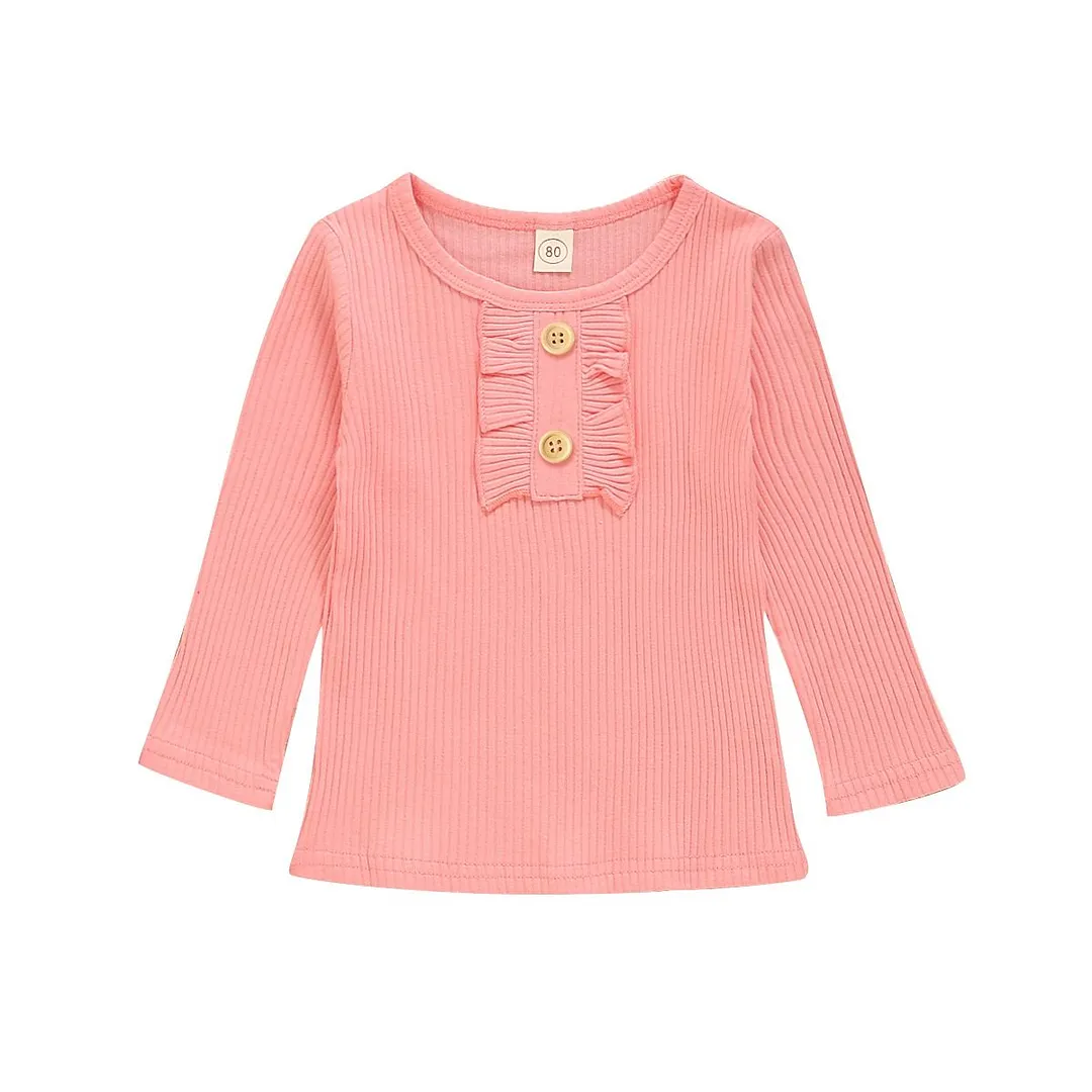 1-6Years Baby Girls Ribbed Shirt Top Long Sleeve T-shirt Solid Color Ruffle Decoration Button Classic Spring Autumn Clothing