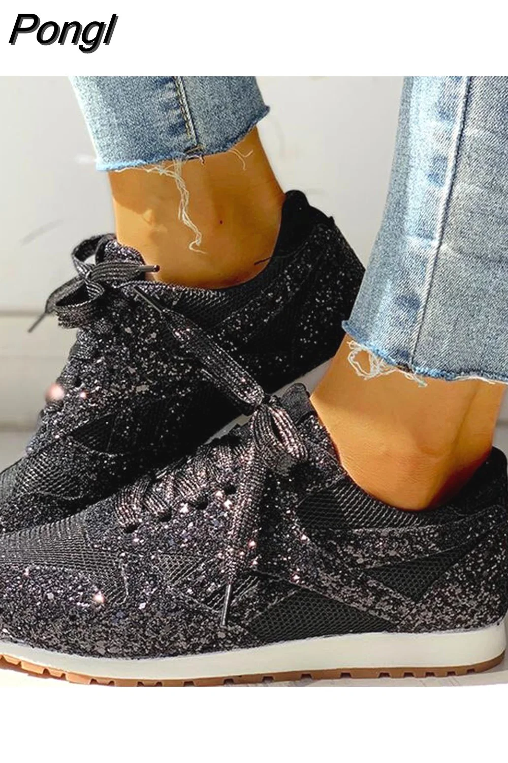 Pongl Flat Glitter Sneakers Casual Female Mesh Lace Up Bling Platform Comfortable Plus Size Vulcanized Shoes 2023 Soft Knitting 405-0