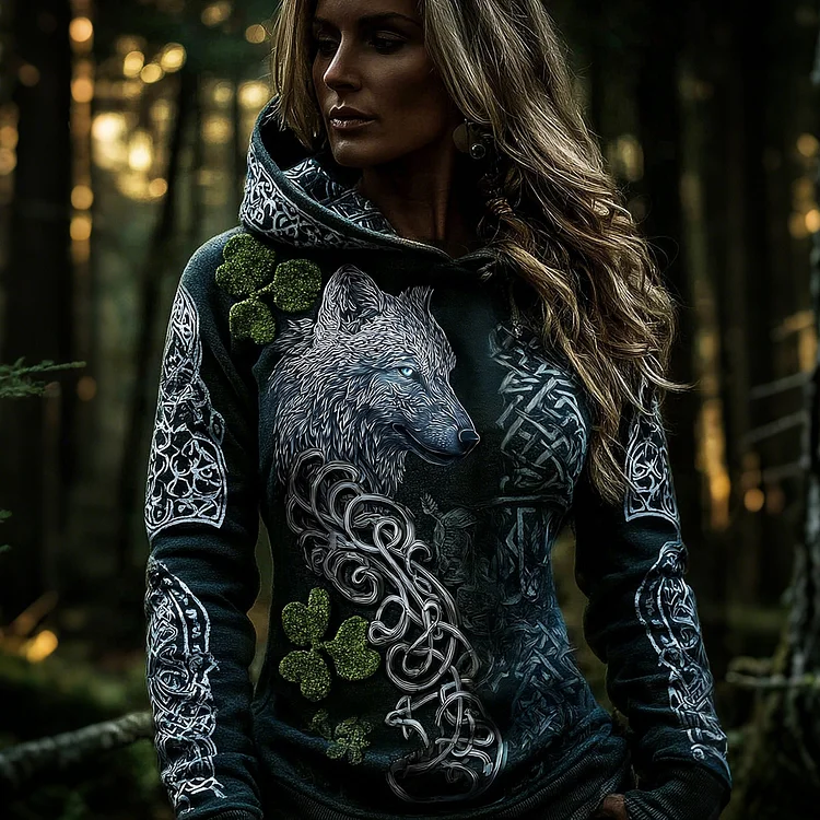 Women's Retro Celtic Wolf Totem Lucky Shamrock Print Hoodie