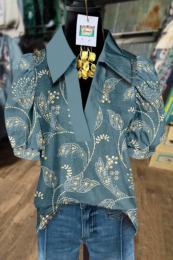 Retro Floral Print Collared Puff Sleeve Top