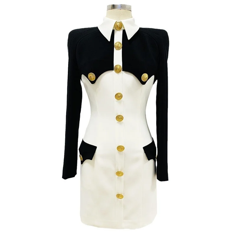 Nigikala Nigikala New Star Fashion Black And White Collage Shirt Collar Repair Kitted Dress