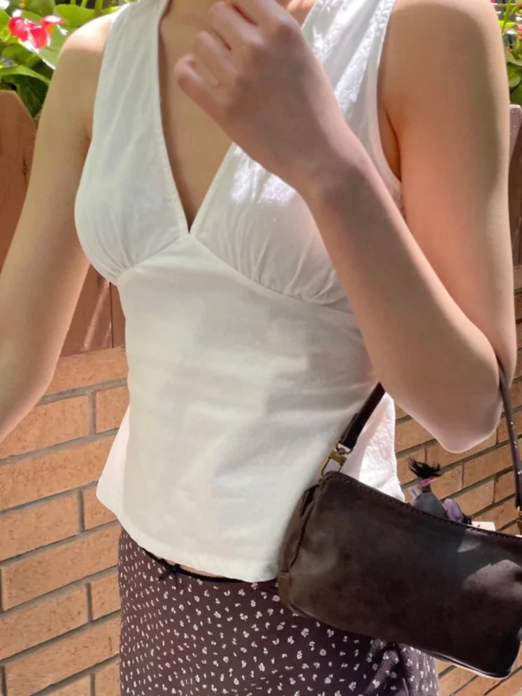 Women White Deep V Neck Tanks Sexy Cotton Slim Tank Tops Vintage Solid Sweet Vest