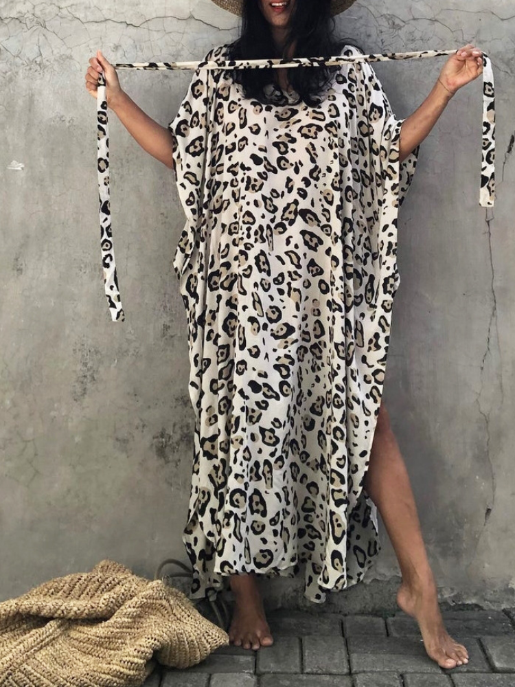 Ram Cotton Leopard Point Casual Loose Plus Size Kaftan Maxidress
