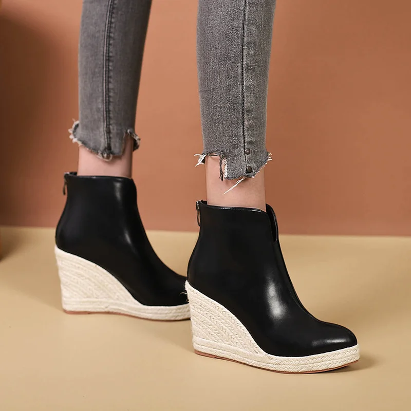 Wongn Wongn Martin Boots Thick Platform High Heel Pointed Fashion Short Boots Female Back Zipper Straw Hemp Rope Bottom