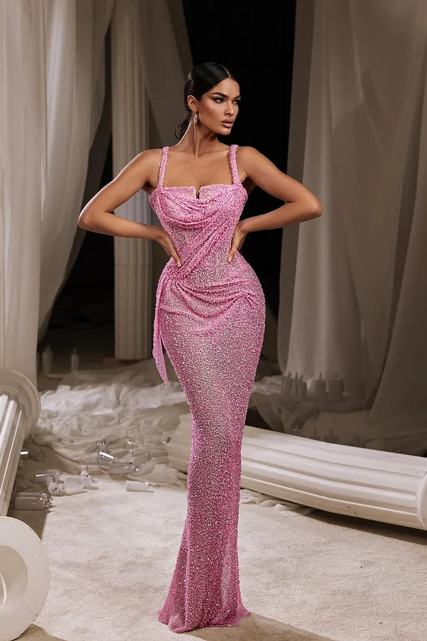 Daisda Sleeveless Spaghetti Straps Mermaid Sequins Prom Dress